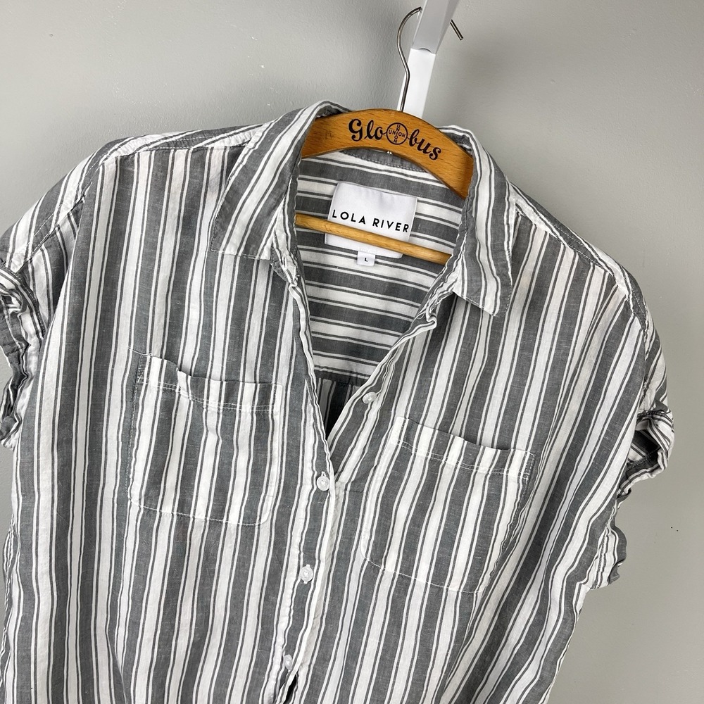Lola River Stripe Tie Front Shirt Top Womens L Linen Blend Gray White Boxy
